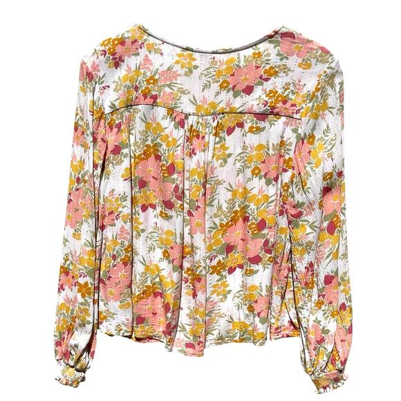 JOIE Women’s Boho Peasant Pink Floral Tassel Tie crinkle metallic top - Picture 3 of 3